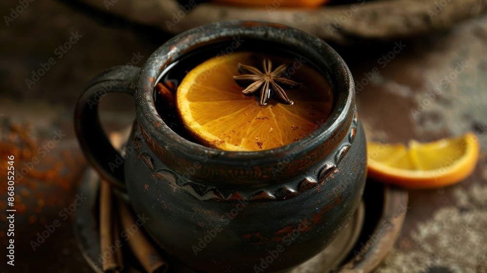 Mulled Wine with orange and spice close-up view. Mulled Wine with orange and spice close-up view.