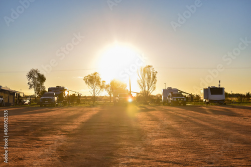 Sunset over a caravan park in the outback