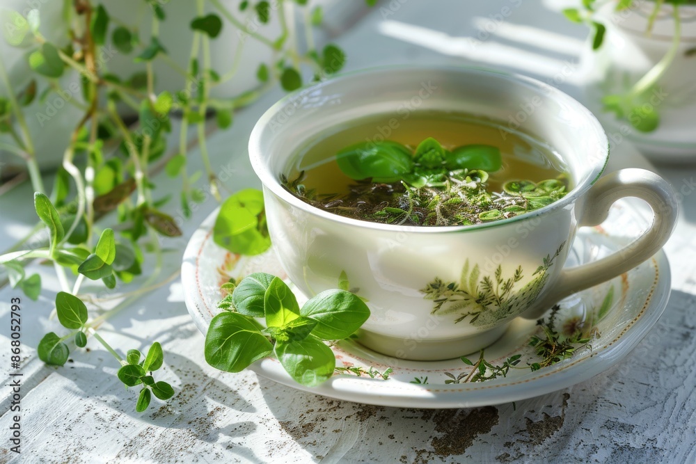 Herbal Tea in a White Cup with Saucer Herbal Tea in a White Cup with Saucer