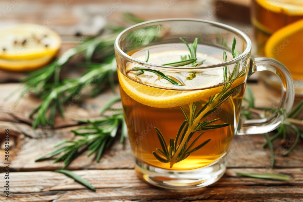 Rosemary and Lemon Tea in Glass Mug on Rustic Wood Rosemary and Lemon Tea in Glass Mug on Rustic Wood