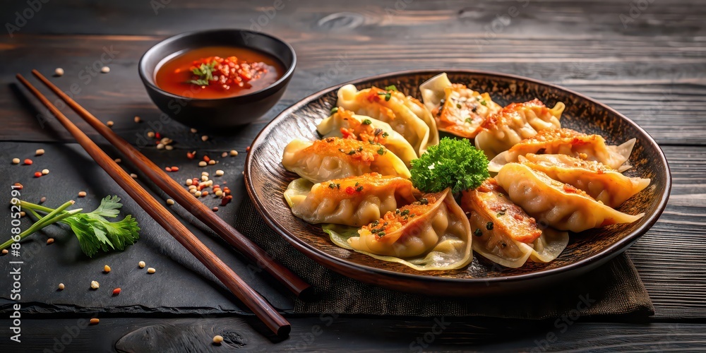 Delicious golden fried gyoza dumplings served with a side of kimchi , gyoza, dumplings, fried, delicious, golden, appetizer Delicious golden fried gyoza dumplings served with a side of kimchi , gyoza, dumplings, fried, delicious, golden, appetizer
