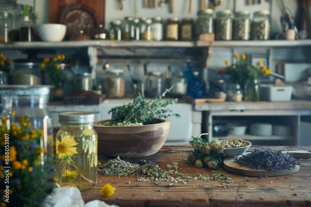 Herbal Remedies on a Rustic Wooden Table Herbal Remedies on a Rustic Wooden Table