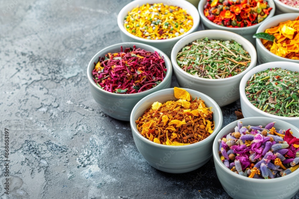 Assortment of Dried Herbs and Flowers in Bowls Assortment of Dried Herbs and Flowers in Bowls