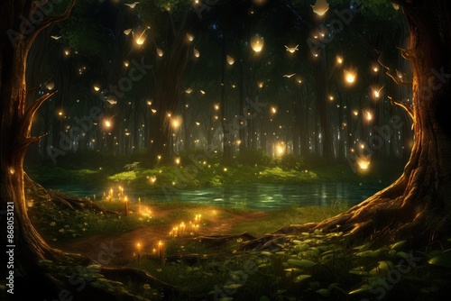 Firefly Grove: Capture the glow of fireflies surrounding a campfire in a mystical grove. © OhmArt