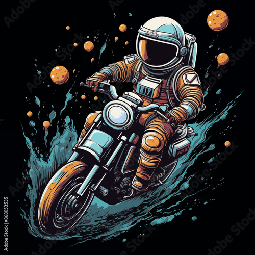 illustration of astronaut riding a motorbike, clothing design