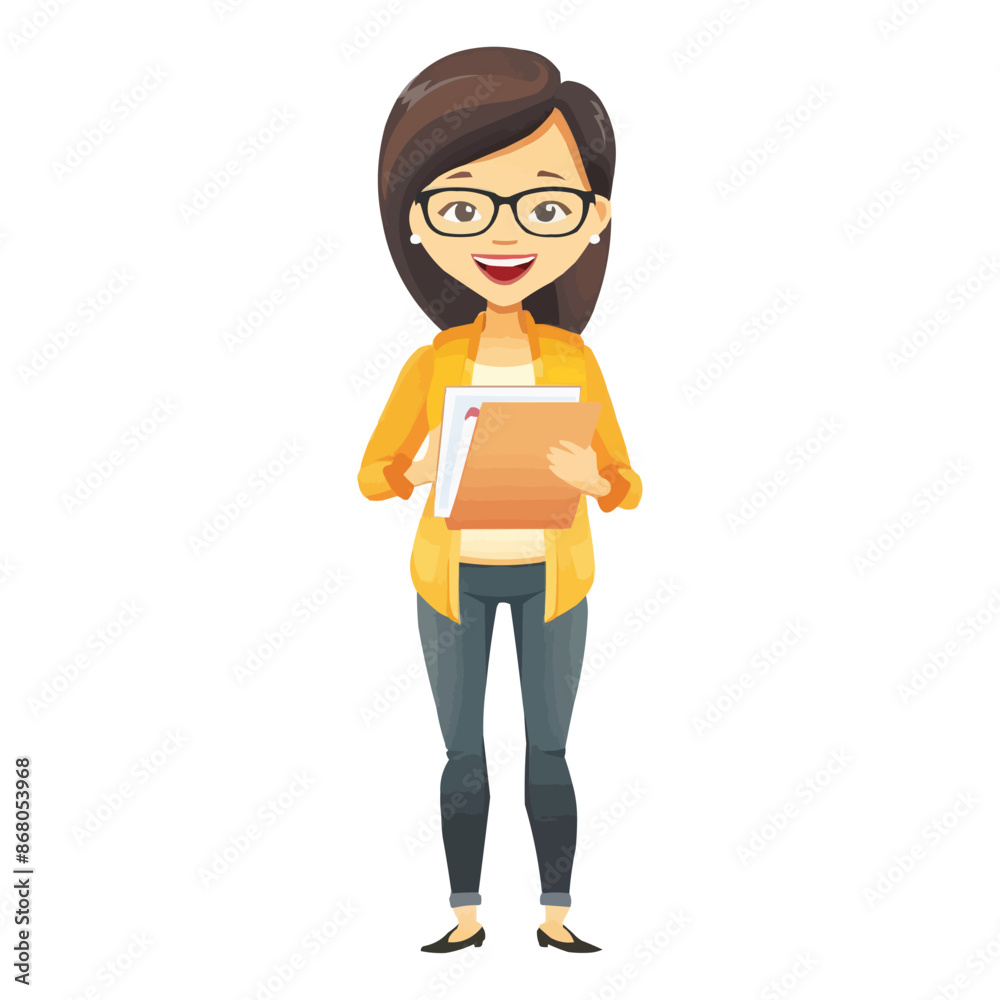 vector Happy Asian female teacher standing with notepad on white background vector Happy Asian female teacher standing with notepad on white background