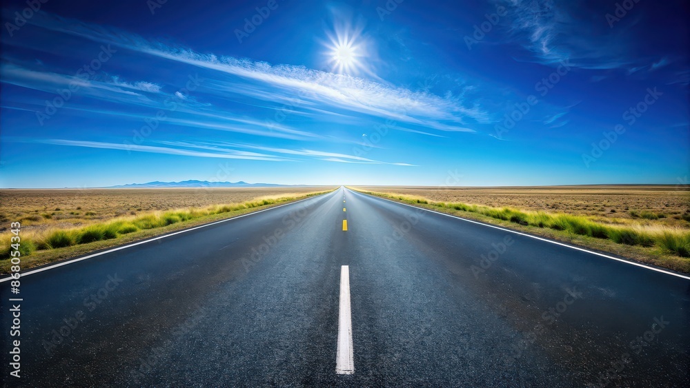 Fototapeta premium Asphalt road stretching into the distance under a clear blue sky, paved, highway, roadway, transportation