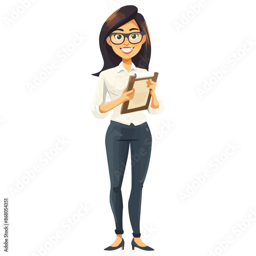 vector Happy Asian female teacher standing with notepad on white background