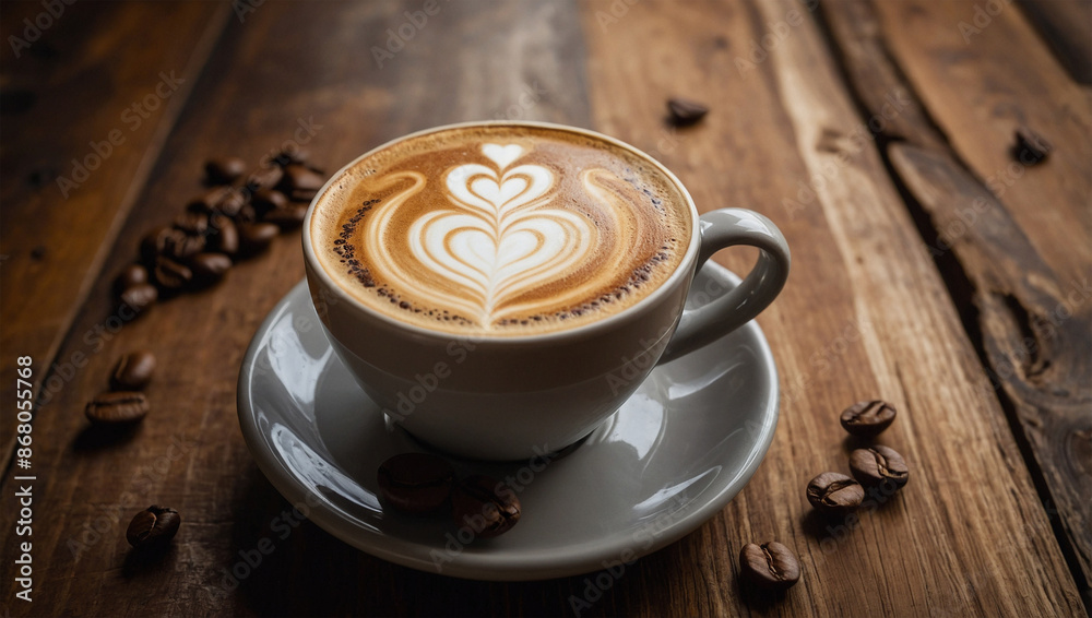 Latte coffee cup with beautiful heart shaped latte art on foam. Latte coffee cup with beautiful heart shaped latte art on foam.