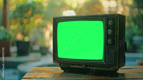 Vintage green screen TV on outdoor wooden table. Suitable for video editing, retro technology concepts, and digital design project