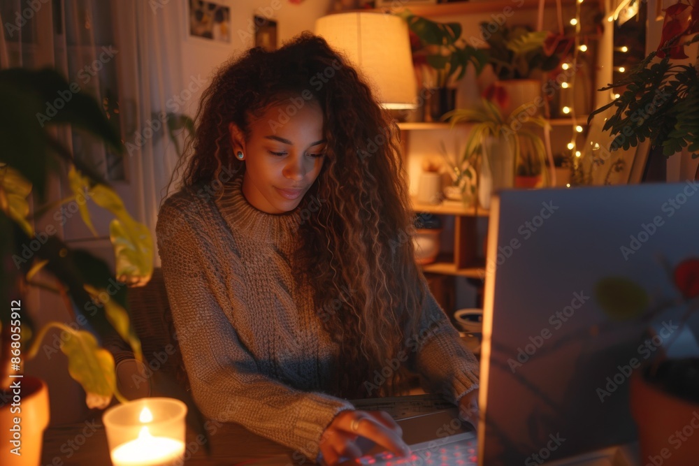 Naklejka premium Woman Using Laptop in Cozy Home Office with Warm Lighting