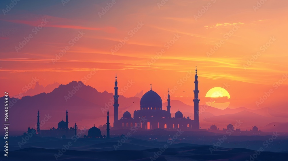Fototapeta premium Horizon Line: banner background of Mosque Day theme banner design for microstock, no text, and wide copy space, Horizon Line: The mosque on the horizon with a simple landscape, for banner, 