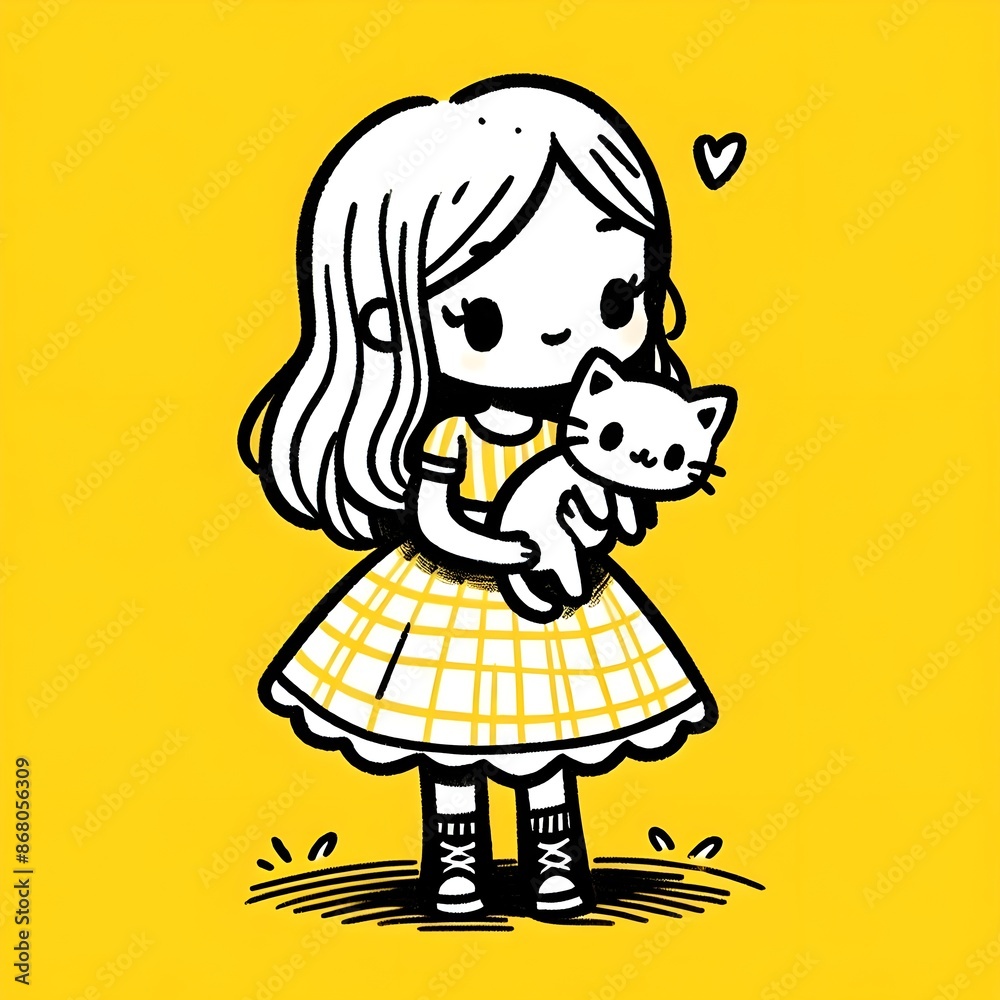 Fototapeta premium A cute cartoon girl in a dress holding a white kitten.