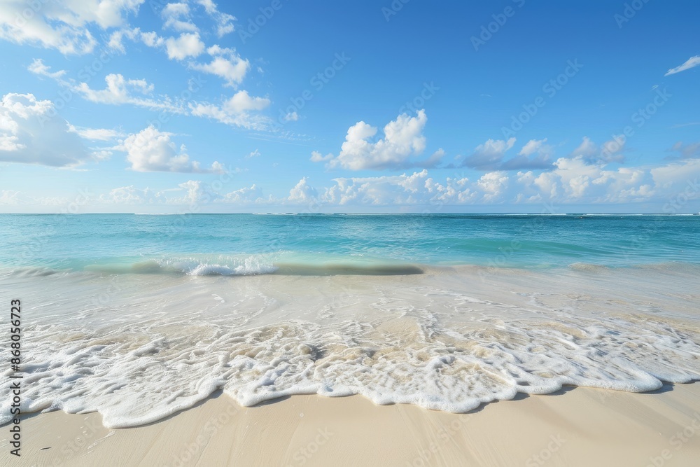 Tranquil Beach Scene with Foamy Waves and Blue Sky Tranquil Beach Scene with Foamy Waves and Blue Sky