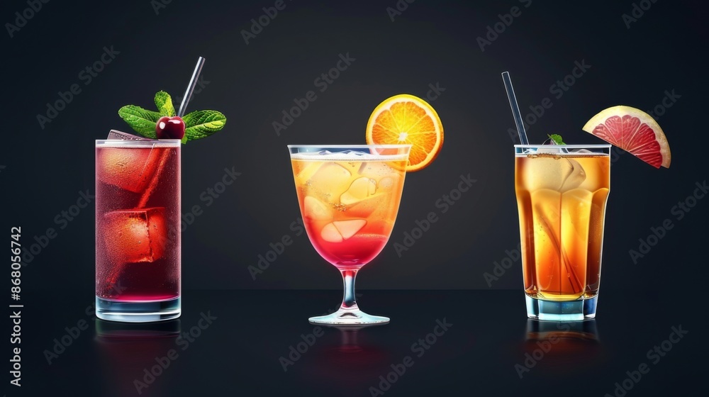 Three distinct drink varieties, each presented in its own unique glass, forming a visually diverse, multi-faceted display Three distinct drink varieties, each presented in its own unique glass, forming a visually diverse, multi-faceted display