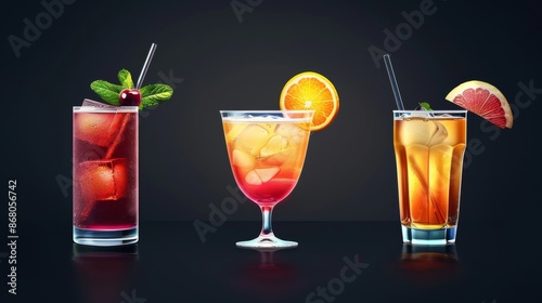 Three distinct drink varieties, each presented in its own unique glass, forming a visually diverse, multi-faceted display