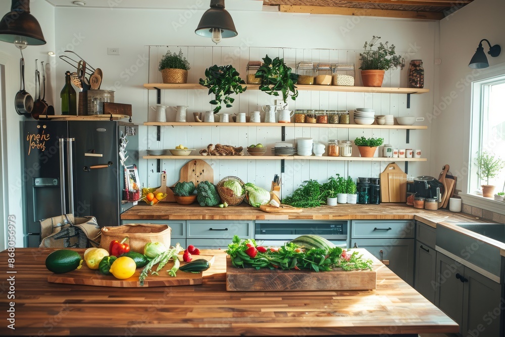 Rustic Kitchen Island With Fresh Produce and Wooden Shelving Rustic Kitchen Island With Fresh Produce and Wooden Shelving