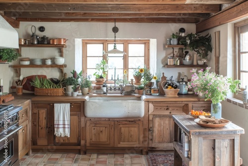 Rustic Kitchen With Farmhouse Sink and Wooden Cabinets