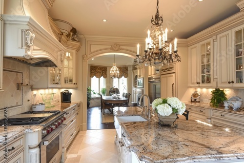 Modern Kitchen With Granite Countertops And Ornate Chandelier In A Luxurious Home