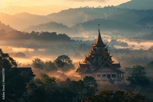 Temple in the Mist at Sunrise