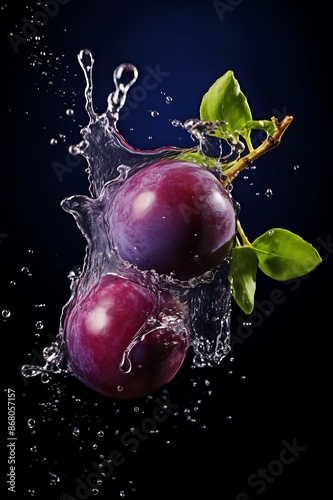 Water splashing on Plum. Fresh Plum
