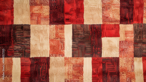 vintage rug of red and beige with a abstract pattern of squares and circle