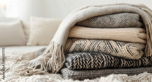 Stack of Cozy Blankets on a White Couch in a Living Room
