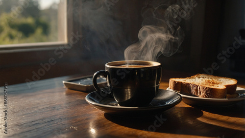 A cup of hot black coffee with steam rising, accompanied by a slice of toast and jam