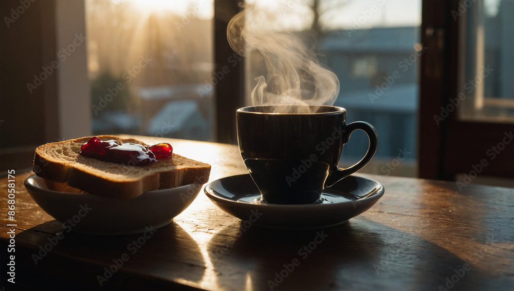 A cup of hot black coffee with steam rising, accompanied by a slice of toast and jam A cup of hot black coffee with steam rising, accompanied by a slice of toast and jam
