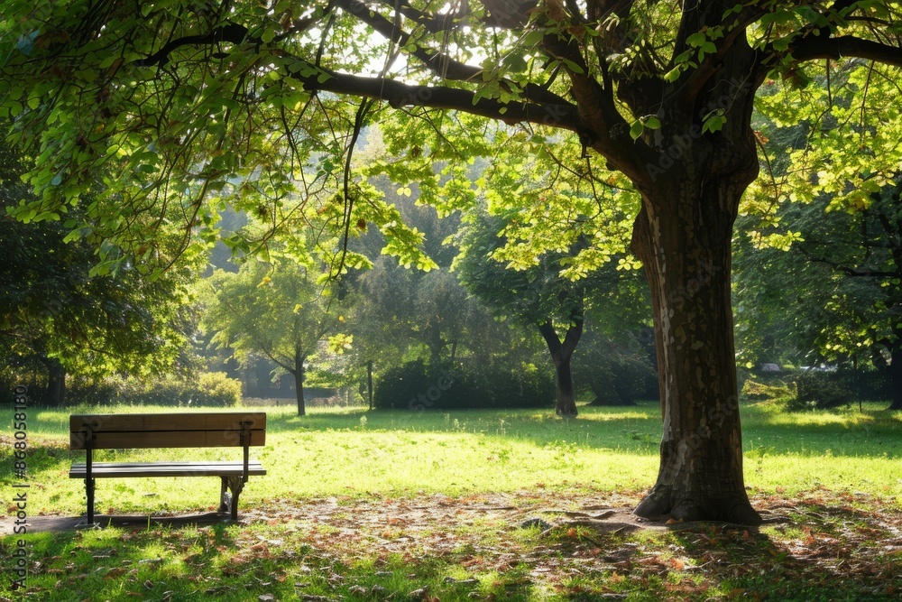 Sunlight Dappled Through the Trees, Empty Bench in a Park Sunlight Dappled Through the Trees, Empty Bench in a Park
