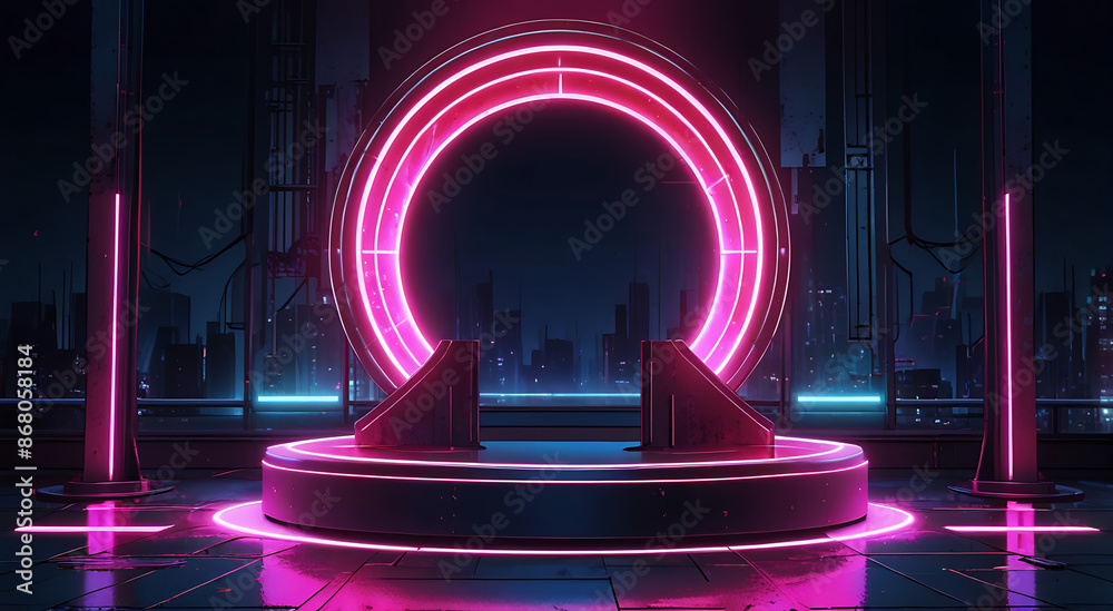 Obraz premium Circular podium in cyberpunk style. Neon lights, futuristic textures, industrial elements. Dark, moody atmosphere, perfect for cyberpunk-themed text overlays. 