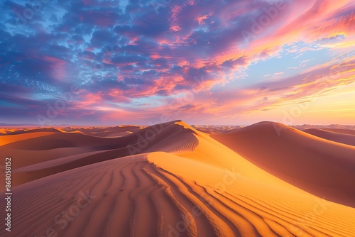 A breathtaking sunrise over the Sahara Desert with vibrant hues lighting up the sand dunes.