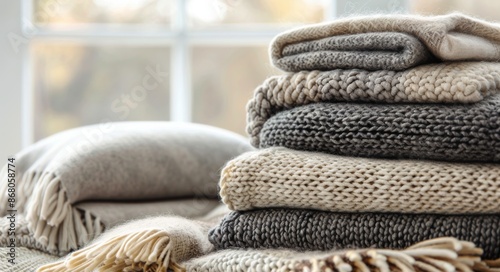 Stack of Cozy Blankets on a White Couch in a Living Room