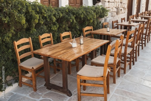 Empty wooden chairs and tables create a peaceful outdoor dining setting on a restaurant patio