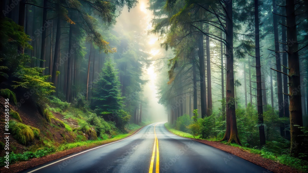 Obraz premium Road disappearing into misty forest , fog, pathway, mysterious, eerie, atmospheric, tranquil, foggy, dim, travel, journey, hazy