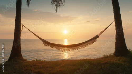 Hammock Between Palm Trees Overlooking Ocean Sunset Tranquil Scene