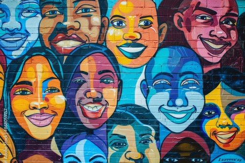 Colorful Graffiti Mural of Smiling Faces photo