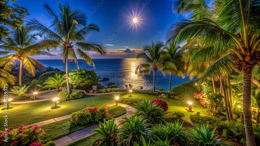 Fototapeta premium Serenely lit tropical garden overlooking the calm, moon-glistened sea, perfect for a peaceful and romantic getaway under starry night sky.