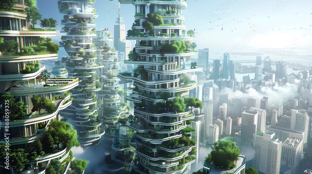 Obraz premium Futuristic cityscape with towering, bioluminescent skyscrapers covered in lush greenery.