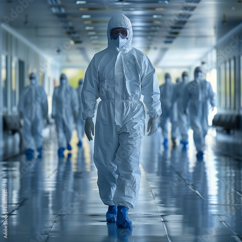 a group of people in white suits and protective gear