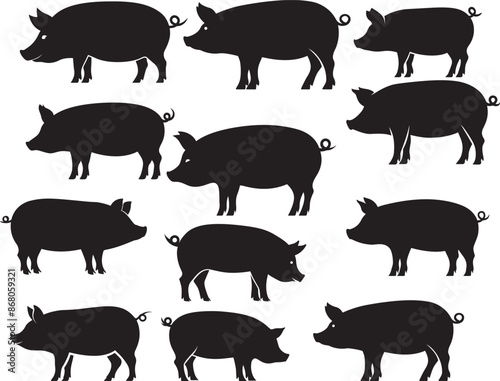 Black pig silhouette on white background, Pig farm animal silhouettes set, silhouette of a pig set