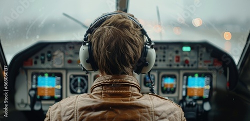 Pilot In Cockpit Of Airplane During Flight