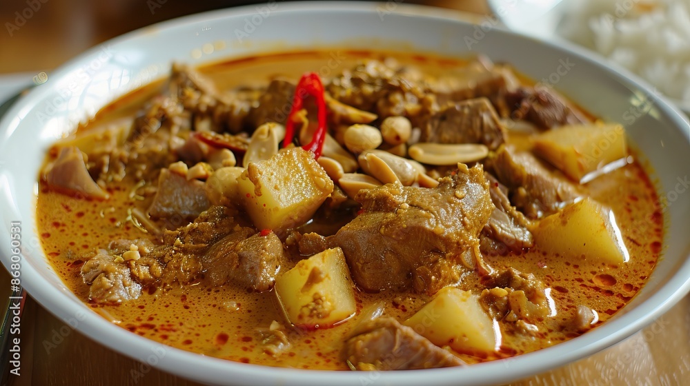 Thai massaman curry with beef, potatoes, peanuts, and red chili peppers in a white ceramic bowl on a wooden table Thai massaman curry with beef, potatoes, peanuts, and red chili peppers in a white ceramic bowl on a wooden table