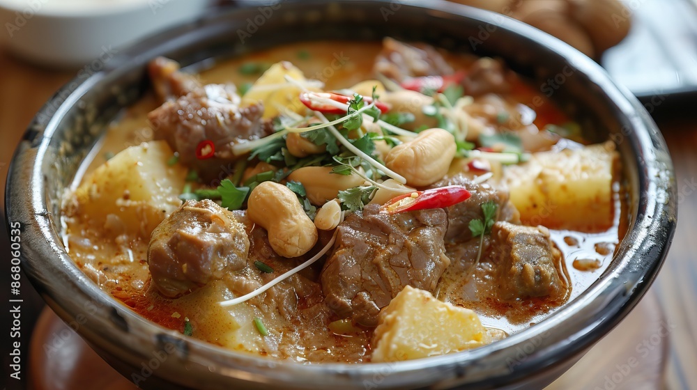 Close-up of Thai massaman curry with beef, potatoes, peanuts, and fresh herbs in a bowl on a wooden table Close-up of Thai massaman curry with beef, potatoes, peanuts, and fresh herbs in a bowl on a wooden table