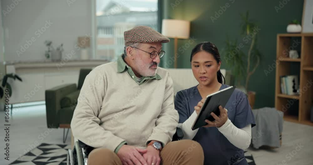 Senior man, nurse and tablet in home by wheelchair for consultation, help or care for recovery. Caregiver, woman and elderly person with disability with app on touchscreen, progress or rehabilitation Senior man, nurse and tablet in home by wheelchair for consultation, help or care for recovery. Caregiver, woman and elderly person with disability with app on touchscreen, progress or rehabilitation
