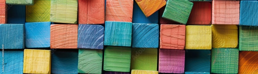 Fototapeta premium Colorful wooden cubes arranged in a geometric pattern with different shades and textures