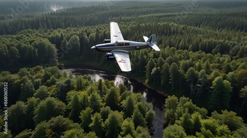 Pequeno avião, bimotor, sobrevoando uma densa floresta, visto de cima. photo