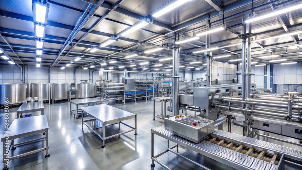 Sterile industrial food production facility with stainless steel equipment, pipes, and conveyor belts, illuminated by bright overhead lighting systems. Sterile industrial food production facility with stainless steel equipment, pipes, and conveyor belts, illuminated by bright overhead lighting systems.