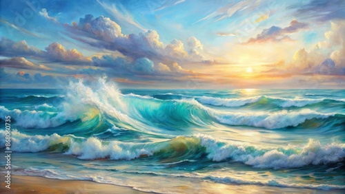 Soft, ethereal abstract oil painting of serene ocean waves featuring bold white and blue pastel brushstrokes on textured canvas.