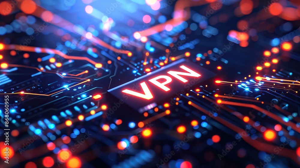 VPN Text on Digital Circuit Board with Glowing Lights, Cybersecurity and Online Privacy Concept, High Tech VPN Text on Digital Circuit Board with Glowing Lights, Cybersecurity and Online Privacy Concept, High Tech